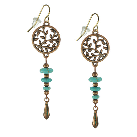 Beautiful Round Antique Copper Filigree and Turquoise Dangle Earrings, 18K Gold Ear Wires