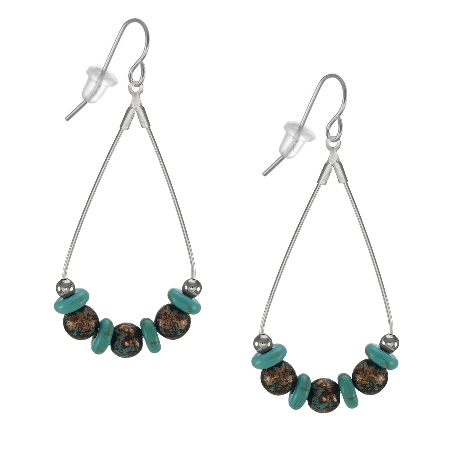 Beautiful Handmade Silver and Turquoise Stainless Steel Teardrop Beaded Statement Earrings, Platinum Ear Wires