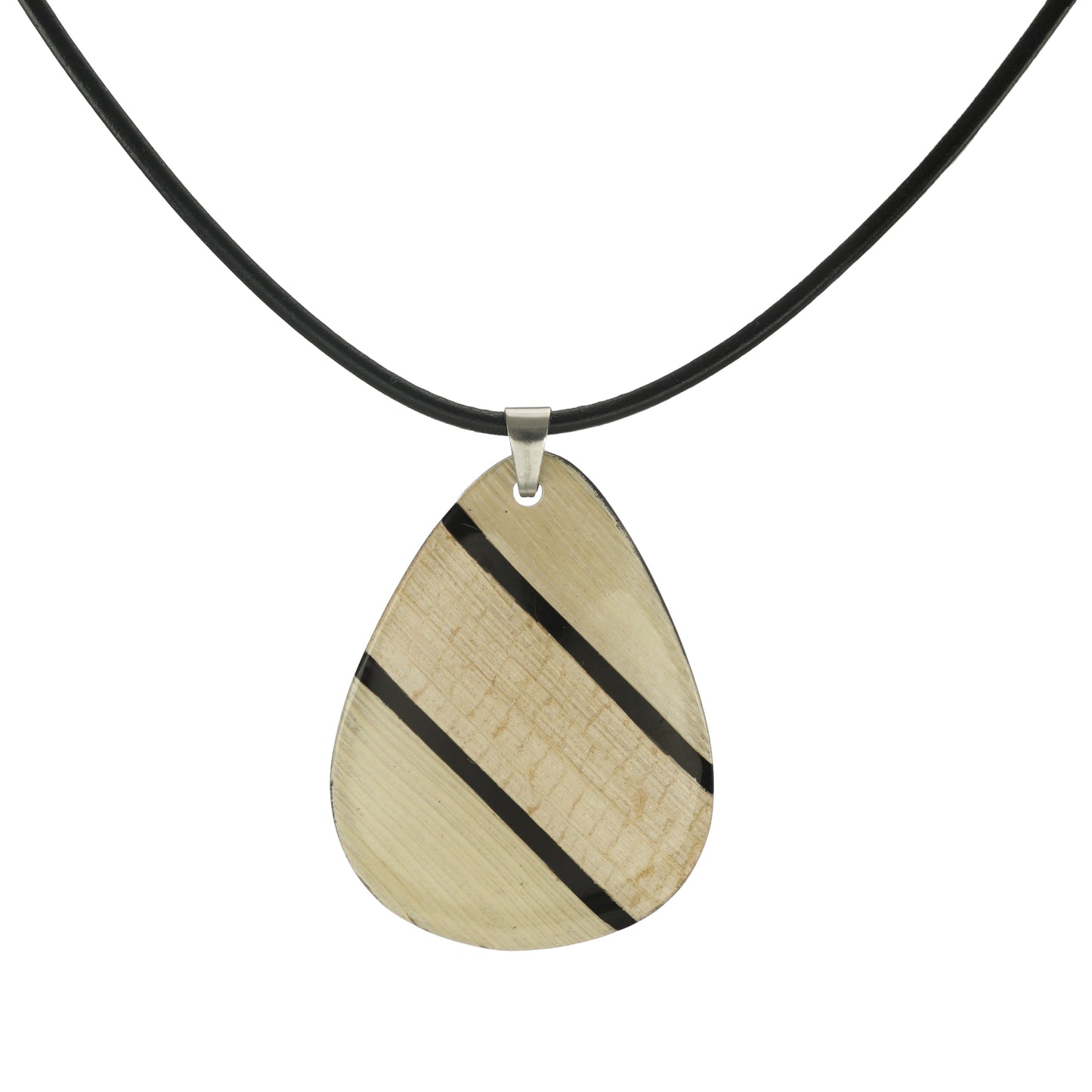 Corn Husk Inlay Teardrop Pendant and Black Leather Statement Necklace, Length Choices
