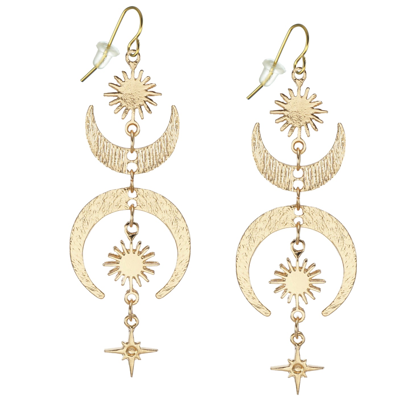 Beautiful Gold Celestial Crescent Moon with Sun and Stars Boho Statement Dangle Earrings – Hypoallergenic 18K Gold Earwires