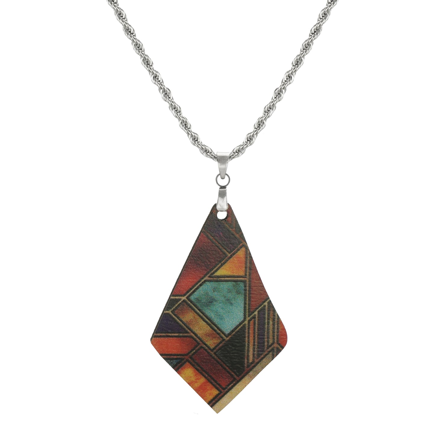 High Quality Stainless Steel Rope Chain with Colorful Abstract Diamond Shape Boho Wood Statement Pendant – 19 1/2 inches