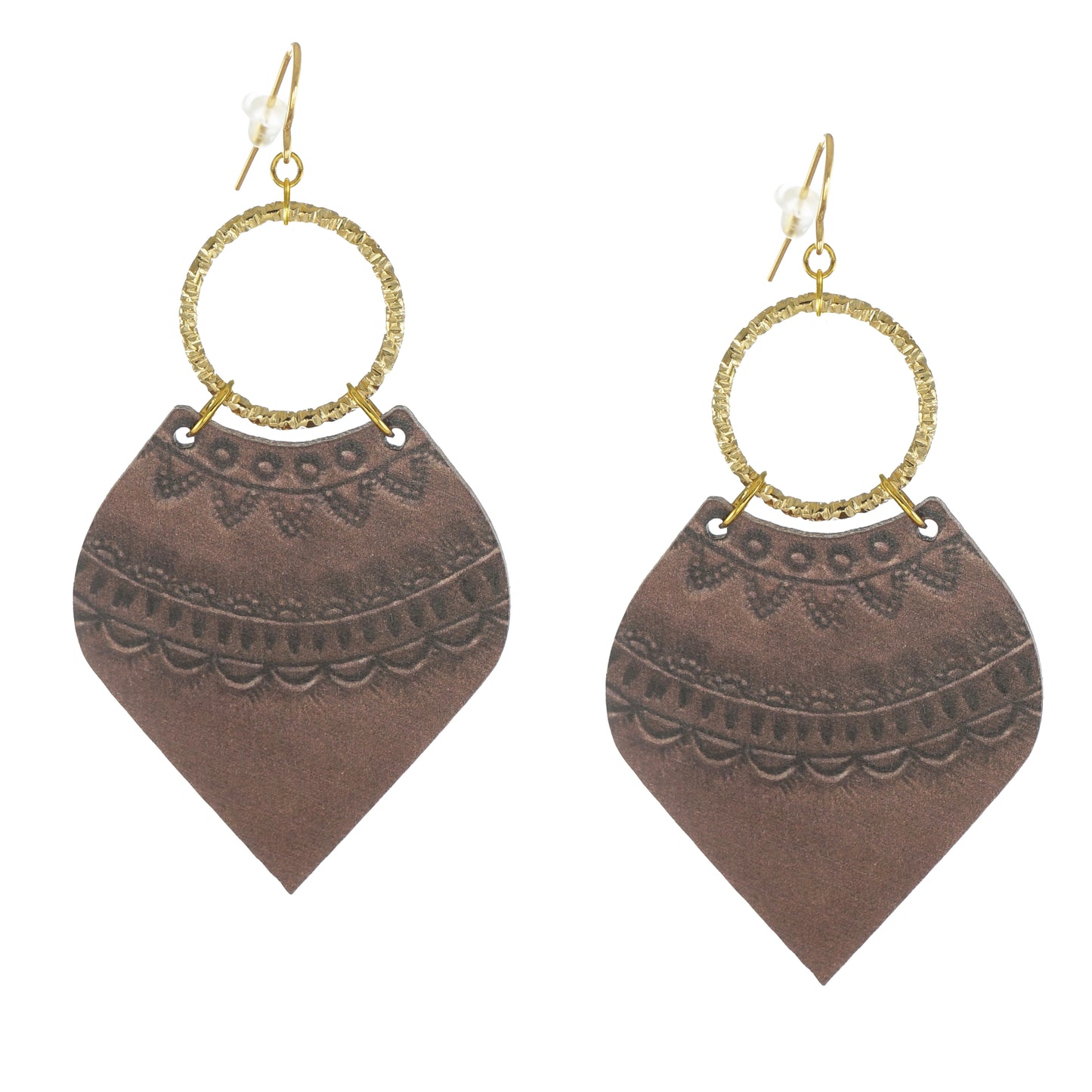 Rustic Brown Leather-Look Gold Ring, Lightweight Western Dangle Boho Statement Earrings, 18K Gold Ear Wires