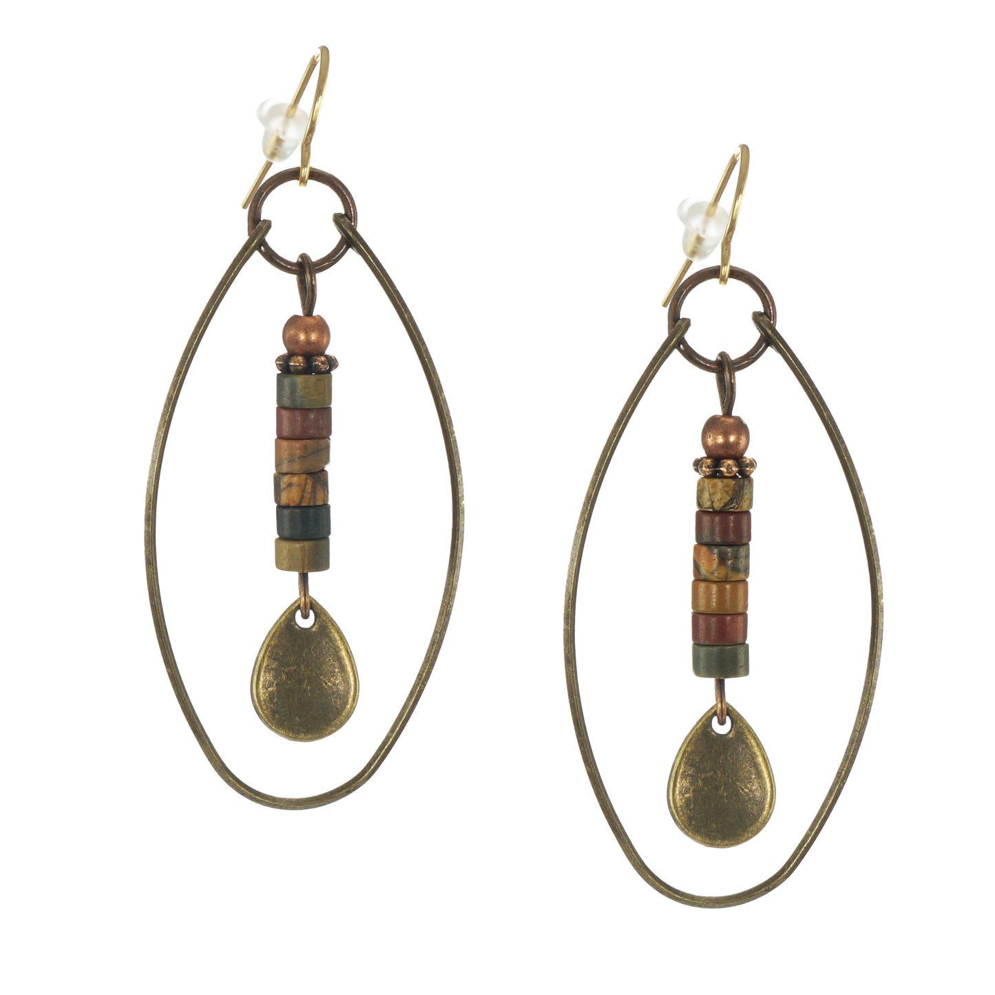 Beautiful Brass Wire Teardrop Earth Tone Jasper Gemstone Lightweight Boho Statement Earrings, 18K Gold Ear Wires