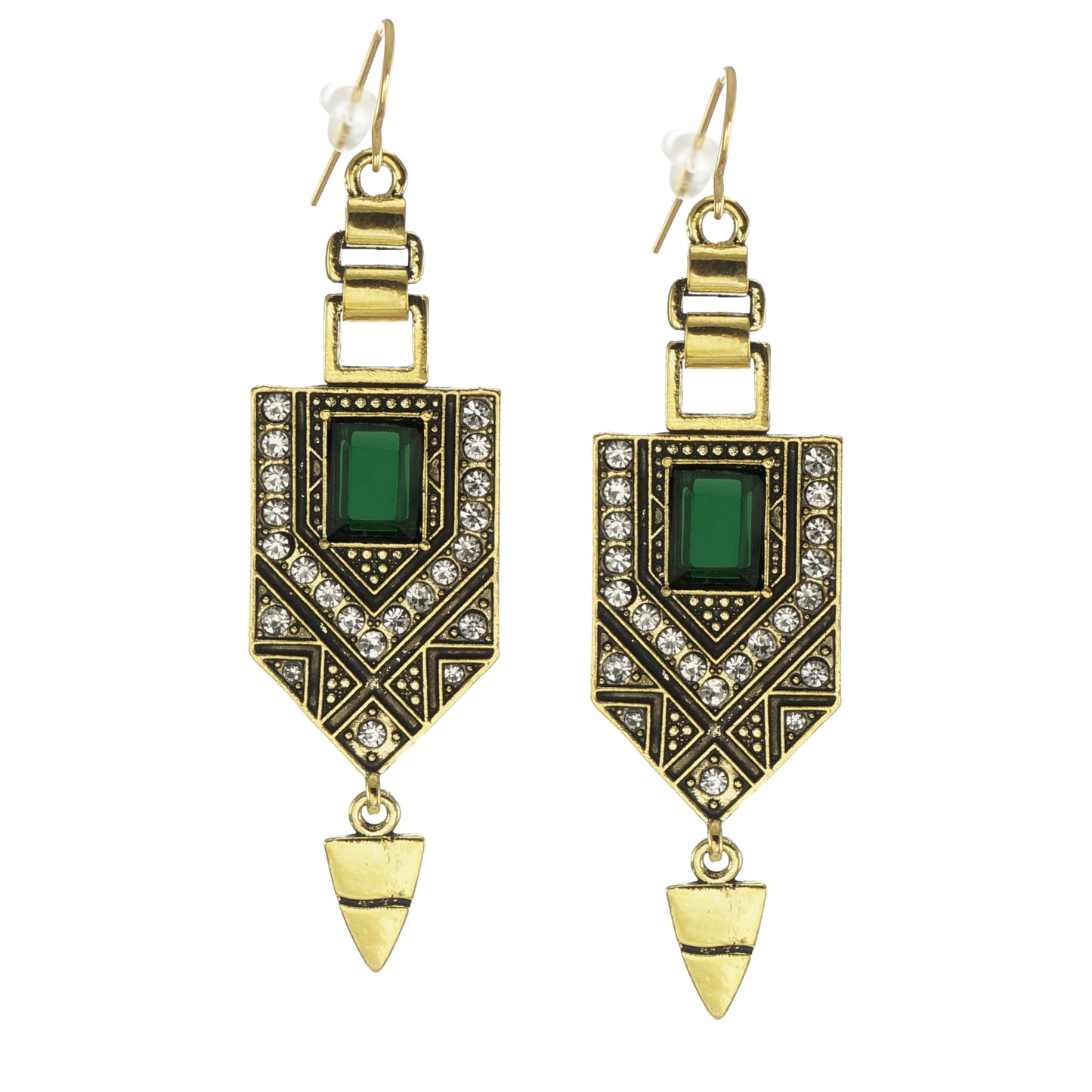 Vintage Art Deco Gold & Green Aztec Boho Statement Earrings, 18K Gold Ear Wires