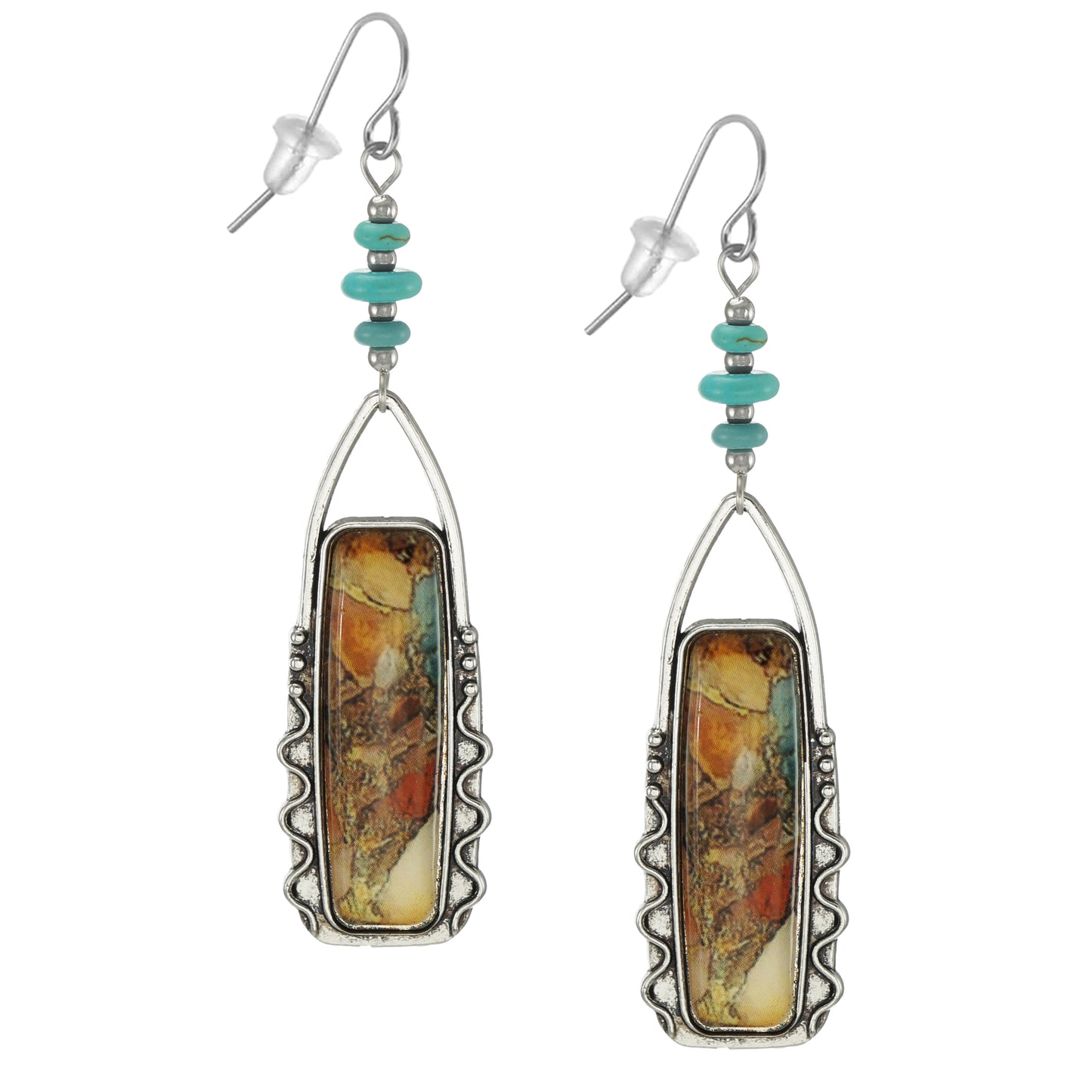 Beautiful Multi Rainbow Color Turquoise Gemstone Abstract Earrings, Platinum Earwires