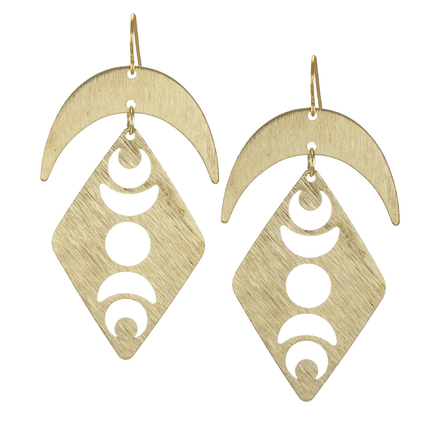 Brushed Gold Celestial Crescent Moon and Moon Phase Handmade Statement Dangle Earrings, Nickel Free 18K Gold Ear Wires