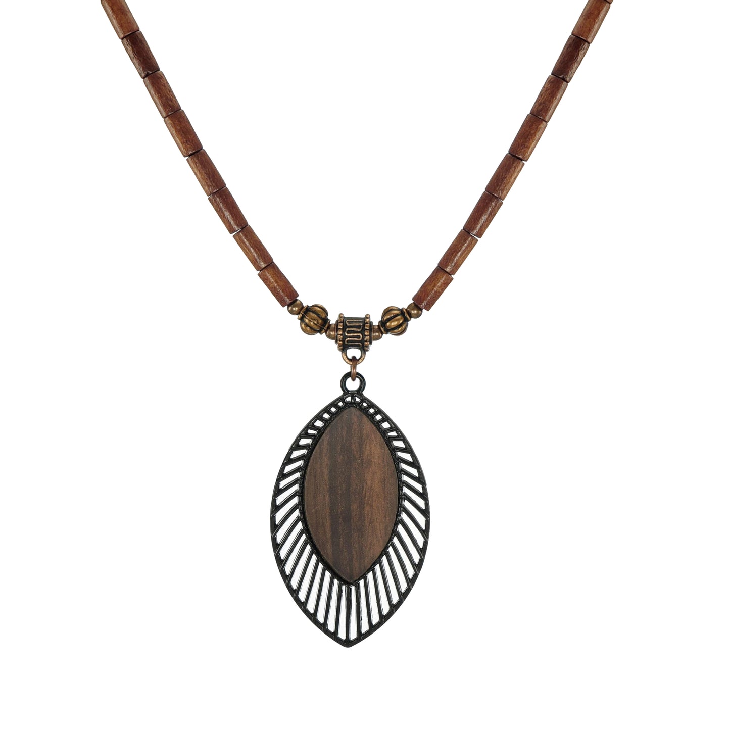 Black and Brown Pendant and Wood Beaded Boho Statement Necklace – Length Choices