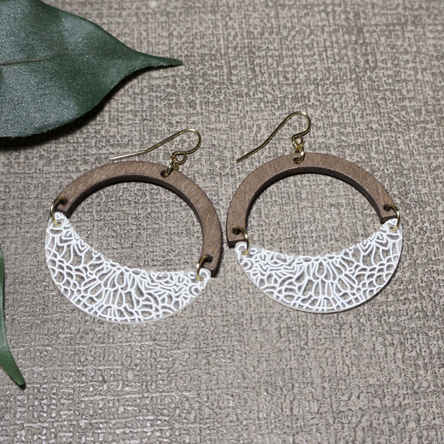 Unique Brown Arched Wood and White Etched Drop Lightweight Boho Statement Earrings, 18K Gold Earwires, Gift for Her