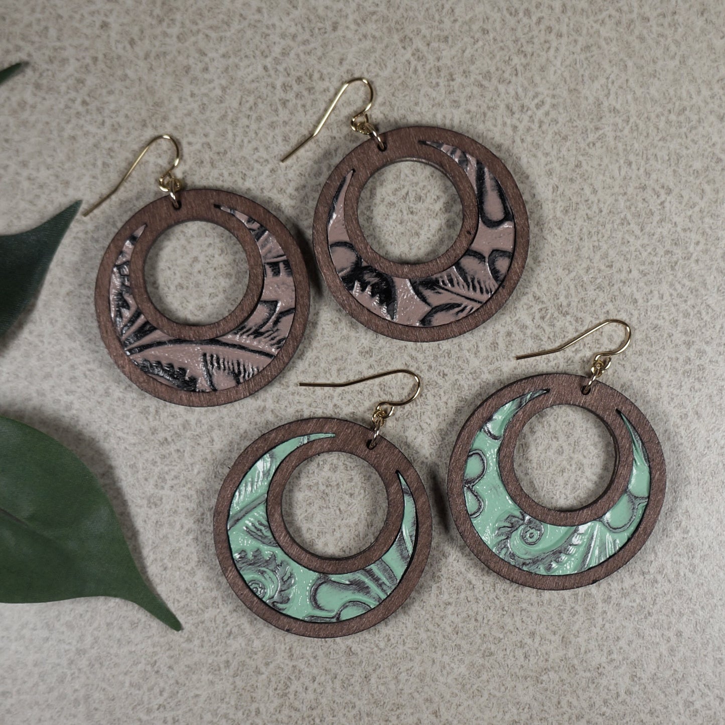 Brown Wood and Embossed Leather Vintage Donut Hoop Dangle Lightweight Boho Statement Earrings, Green or Mauve Pink, 18K Ear Wires