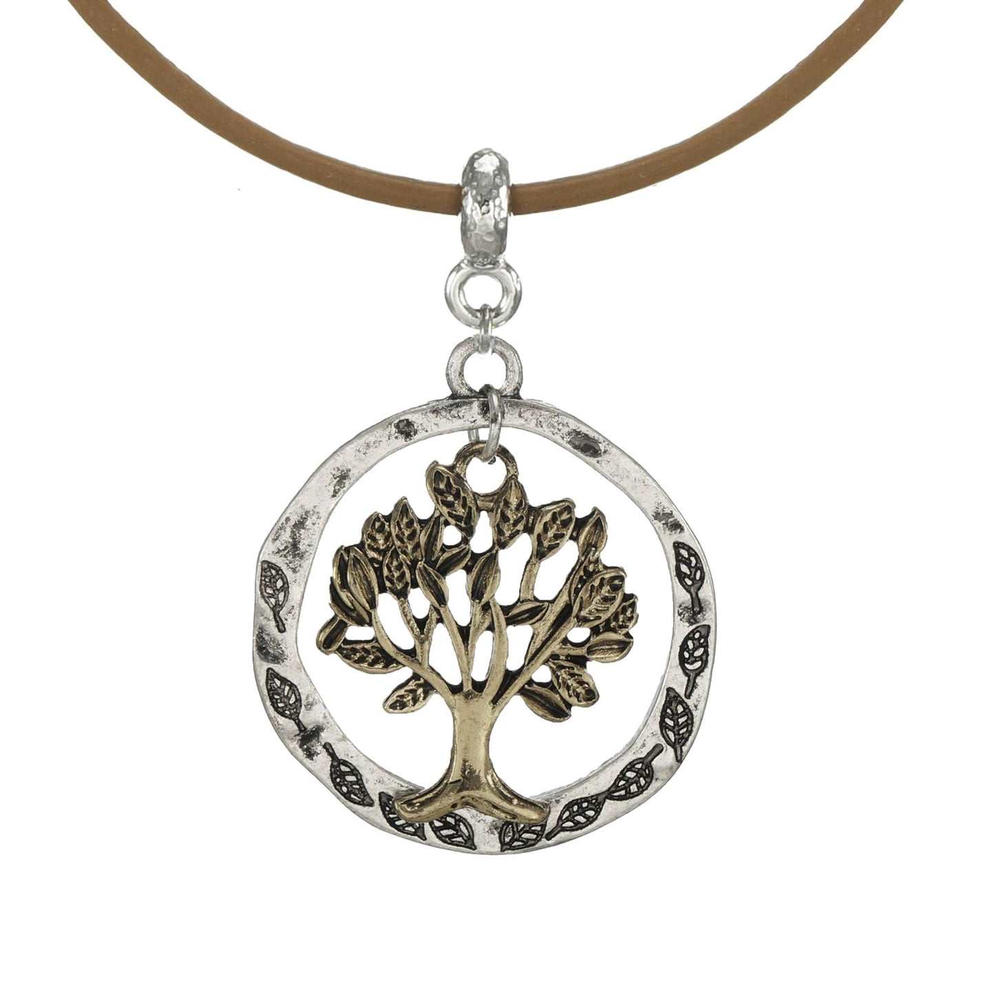 Handmade Unisex Boho Tan Leather Cord with Gold and Silver Pewter Tree of Life Pendant, Length Choices