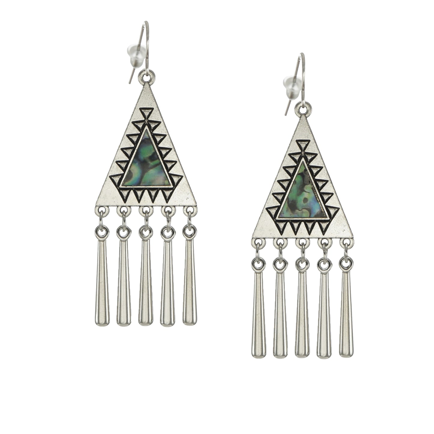 Silver Triangle Western Abalone Look Boho Statement Earrings, Platinum Wires