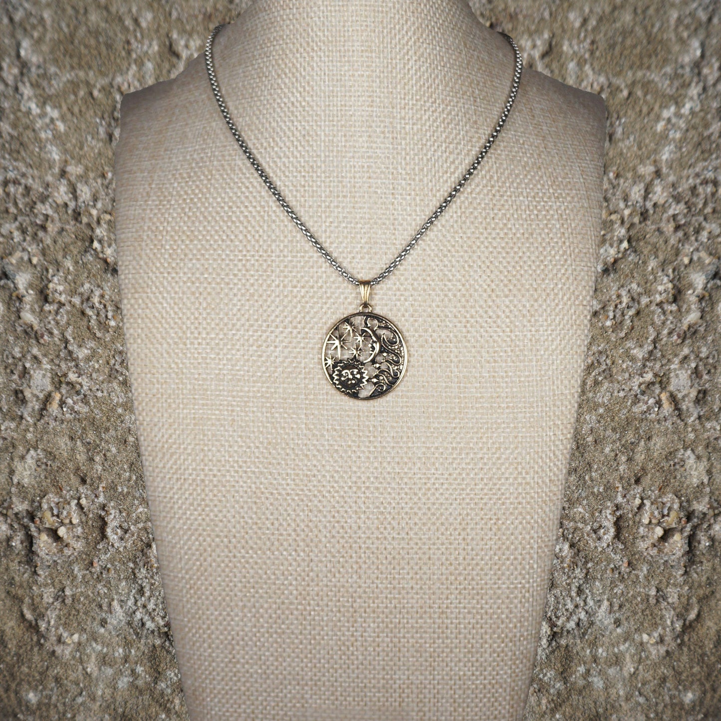 Unisex Sun Moon and Stars Pendant Celestial Antique Gold, Stainless Steel Chain Necklace, Length Choices