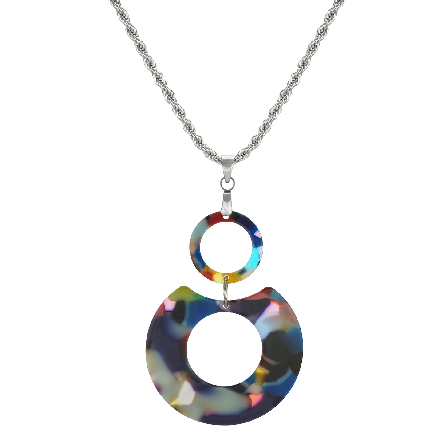 High Quality Stainless Steel Rope Chain with Lightweight Fun Vibrant Multi Rainbow Color Boho Statement Pendant – 19 1/2 inches