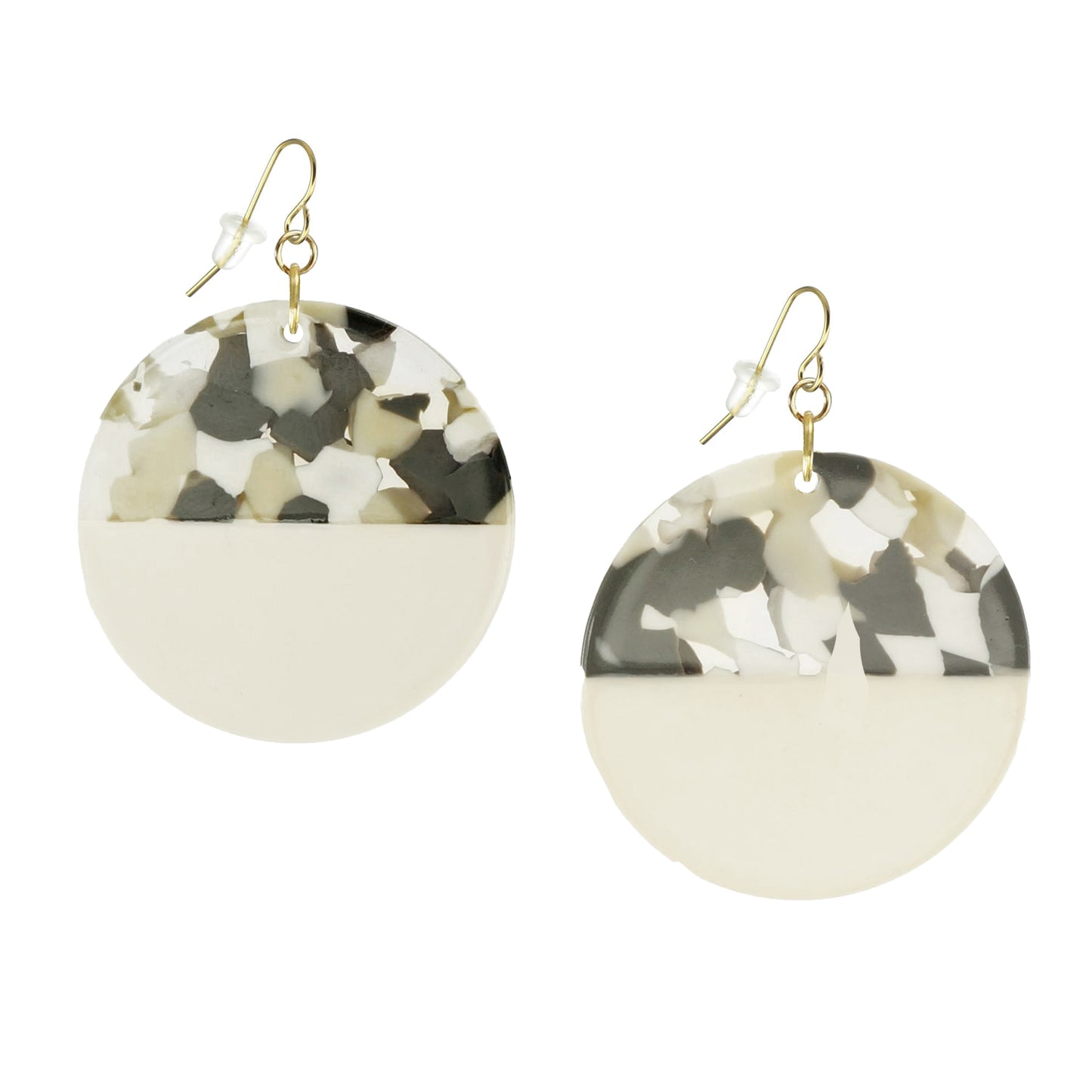 Round Off White and Grey Boho Statement Dangle Earrings, 18K Ear Wires