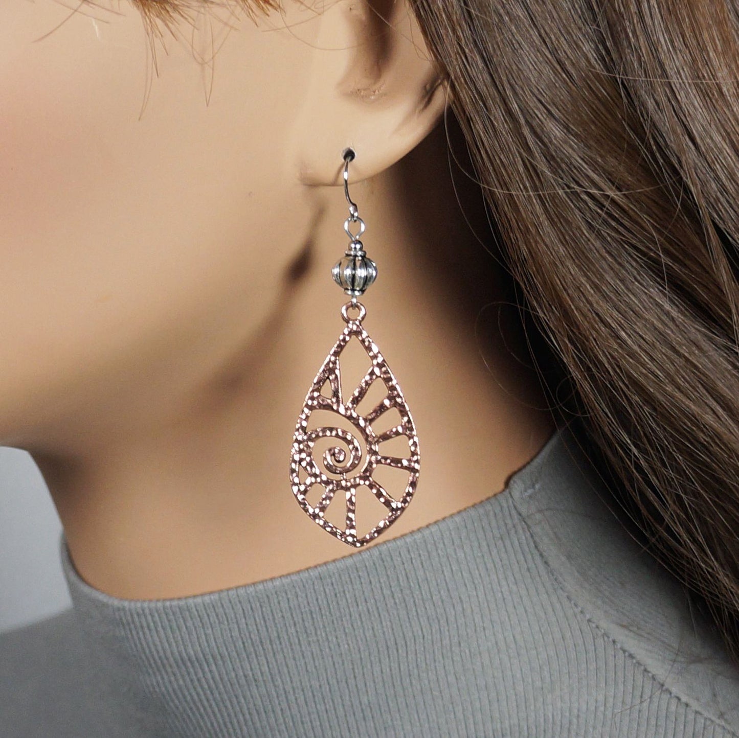 Bright Copper Hammered Swirl Teardrop and Silver Fluted Bead, Mixed Metal Boho Earrings, Hypoallergenic Platinum Ear Wires, Gift for Hery)