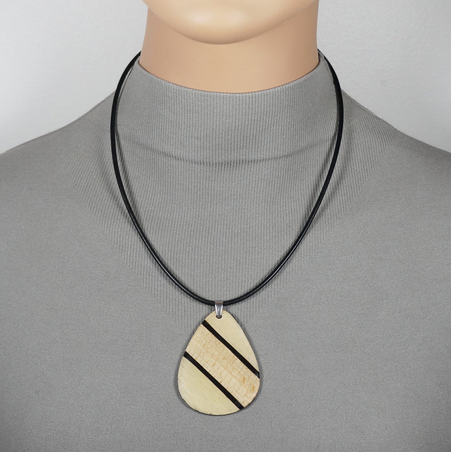 Corn Husk Inlay Teardrop Pendant and Black Leather Statement Necklace, Length Choices
