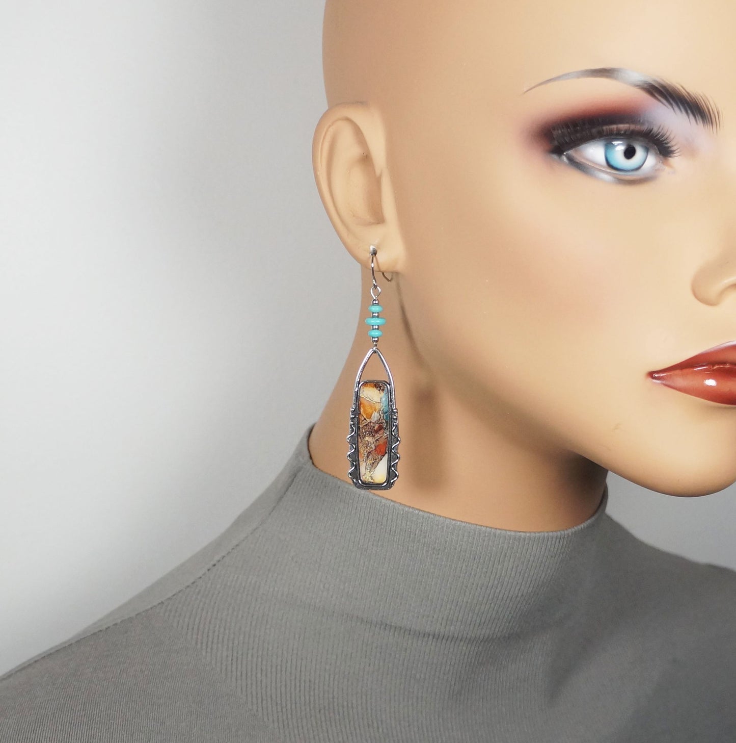 Beautiful Multi Rainbow Color Turquoise Gemstone Abstract Earrings, Platinum Earwires