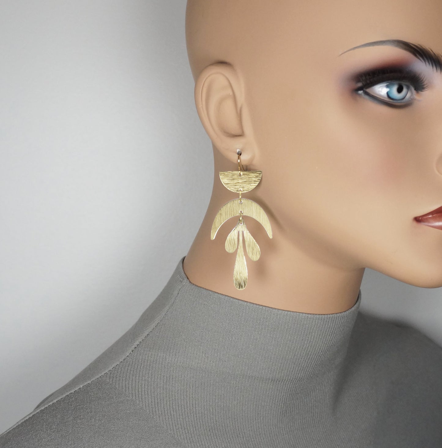 Beautiful Brushed Gold Celestial Moon Abstract Boho Statement Earrings, 18k Gold Ear Wires