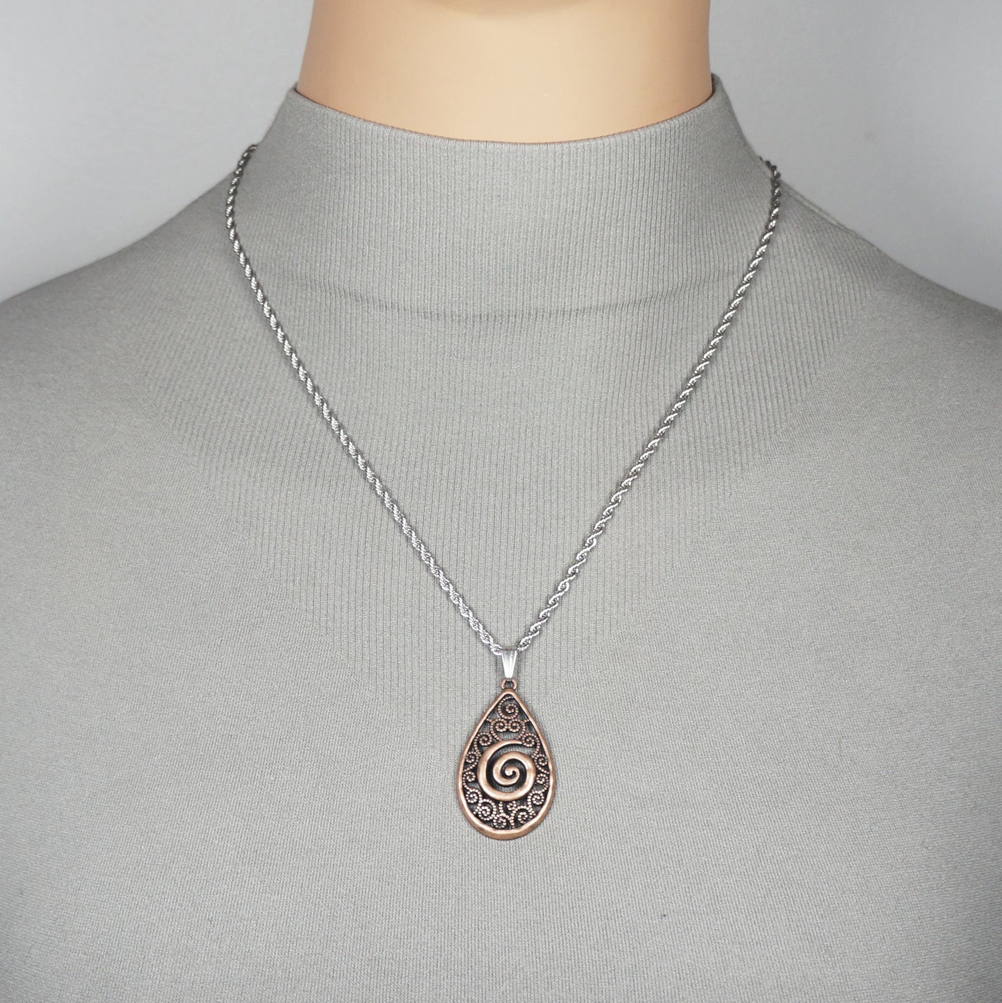 High Quality Stainless Steel Rope Chain with Boho Copper Swirl Teardrop Pendant – 19 1/2 inches