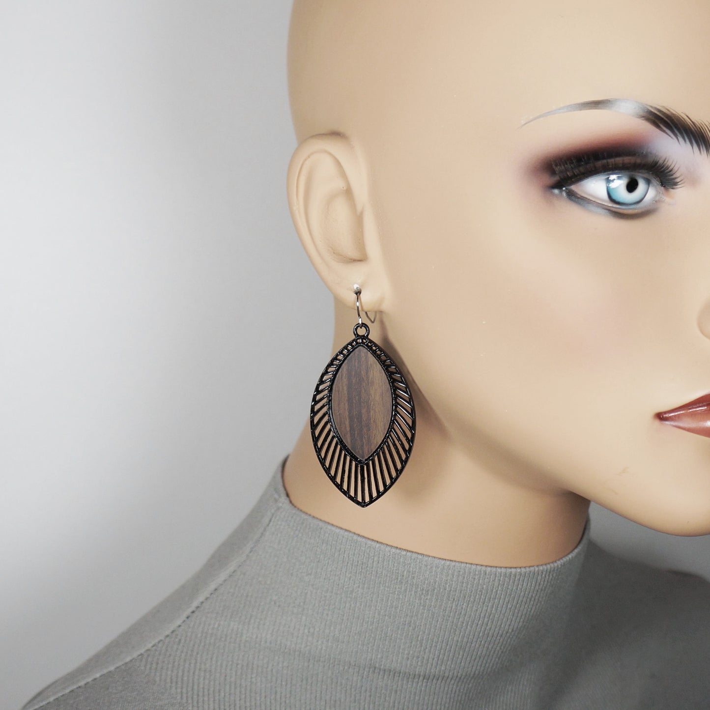 Beautiful Black Metal and Wood Diamond Shaped Boho Statement Dangle Earrings, Platinum Ear Wires