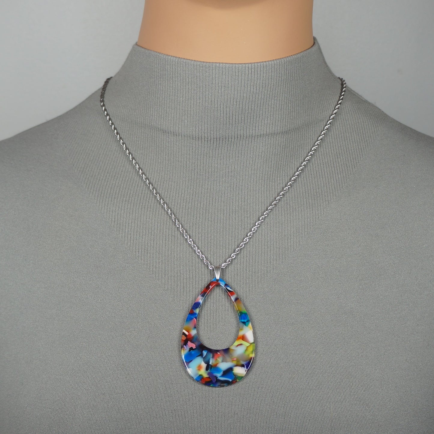 High Quality Stainless Steel Rope Chain with Lightweight Fun Vibrant Multi Rainbow Color Boho Teardrop Statement Pendant, 19 1/2 inches