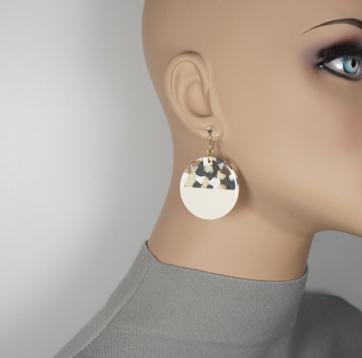 Round Off White and Grey Boho Statement Dangle Earrings, 18K Ear Wires