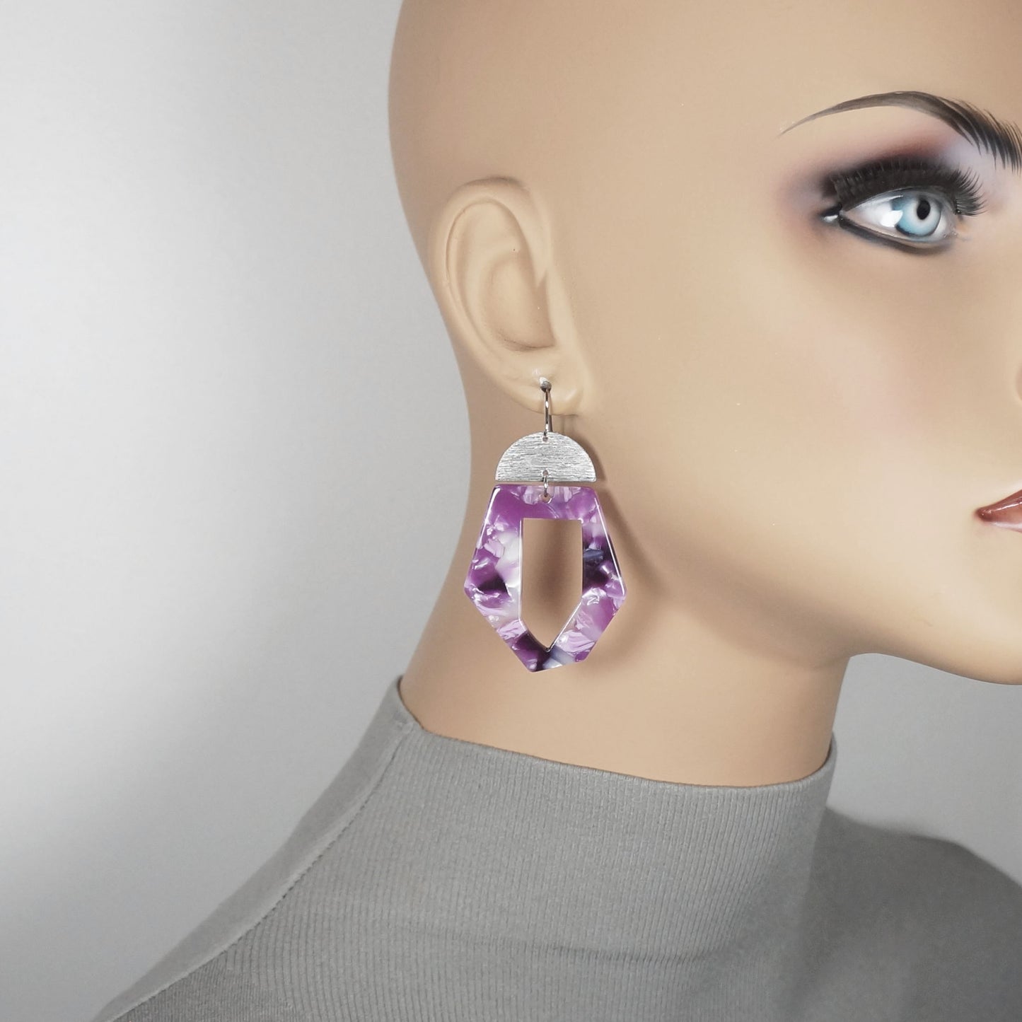 Vibrant Purple Acrylic and Silver Statement Earrings, Platinum Ear Wires