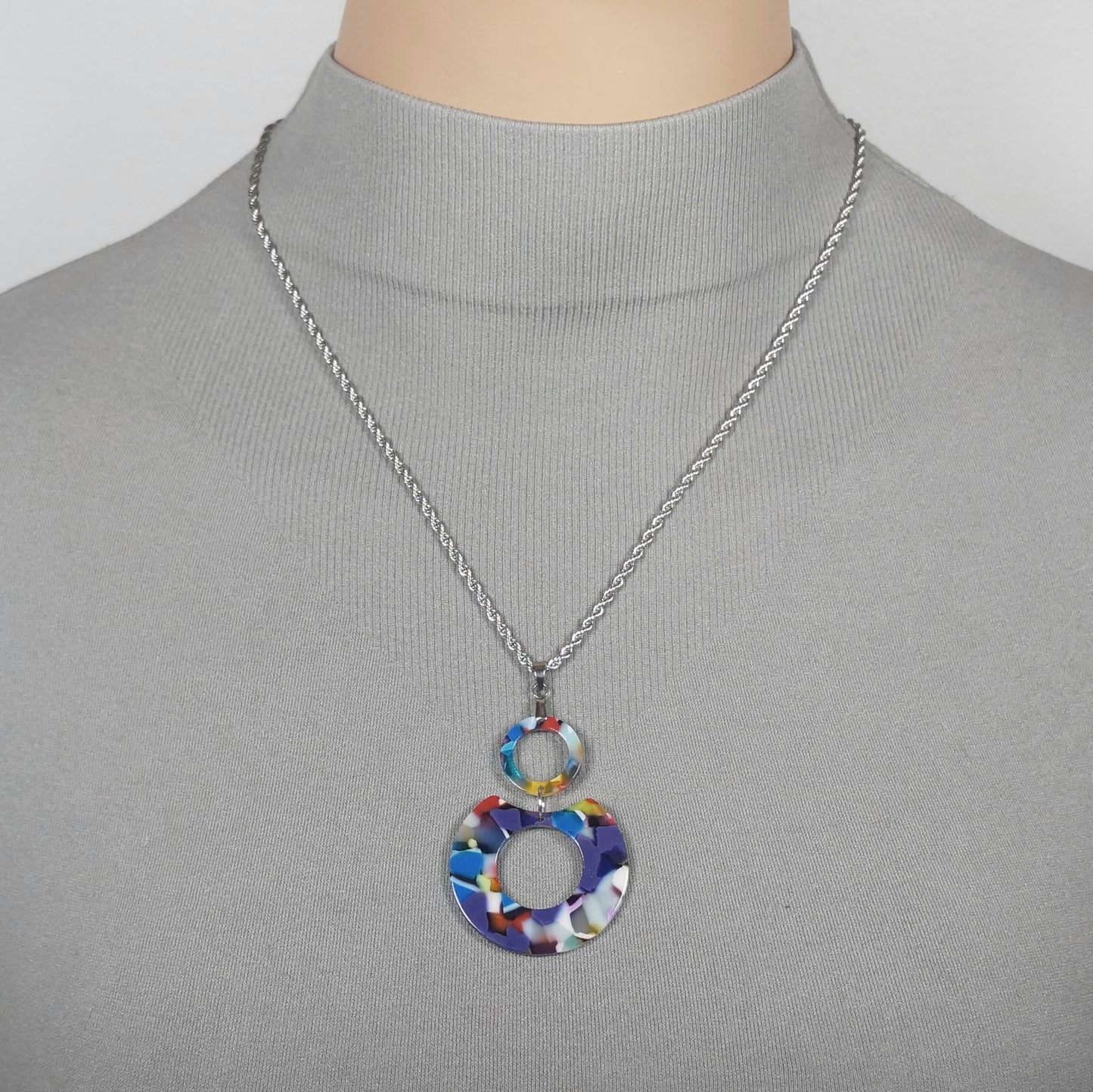 High Quality Stainless Steel Rope Chain with Lightweight Fun Vibrant Multi Rainbow Color Boho Statement Pendant – 19 1/2 inches