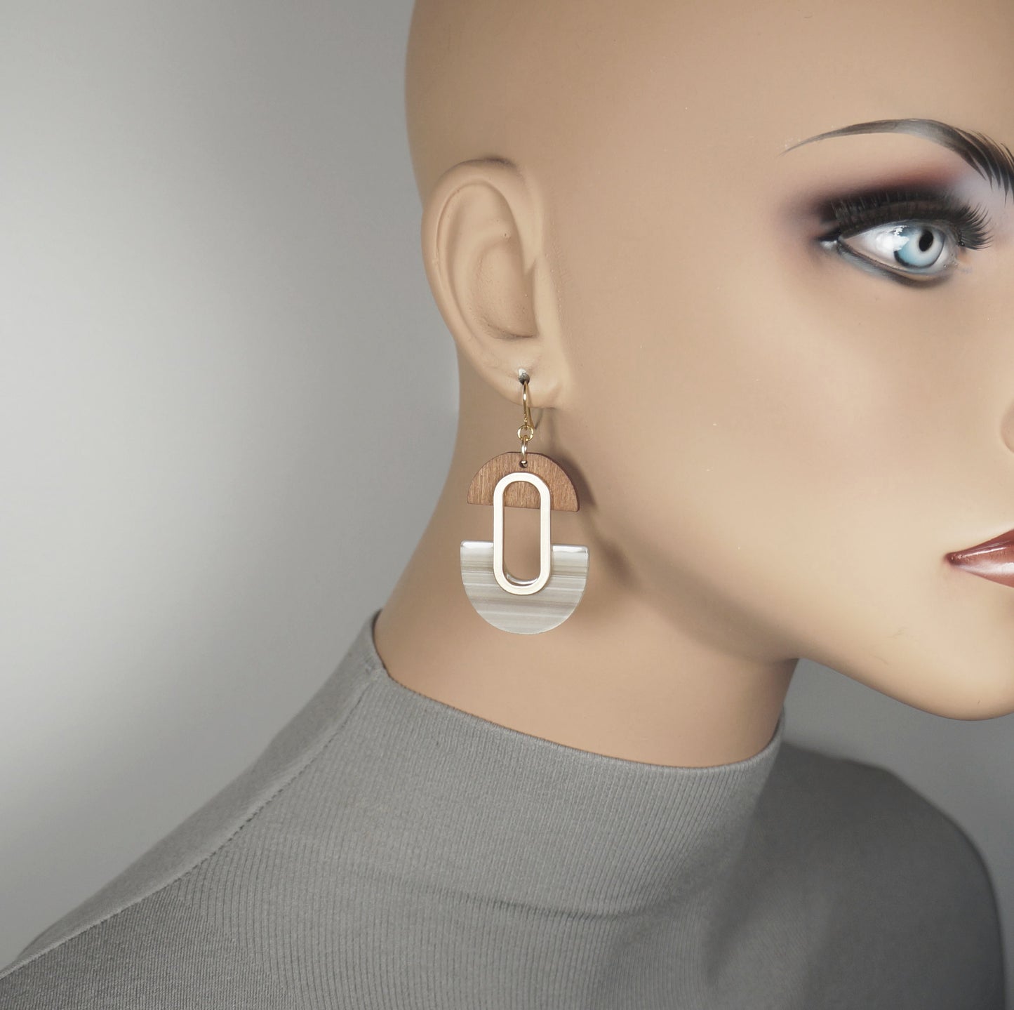 Bohemian Neutral Beige Acrylic and Brown Wood Earrings, 18K Gold Ear Wires