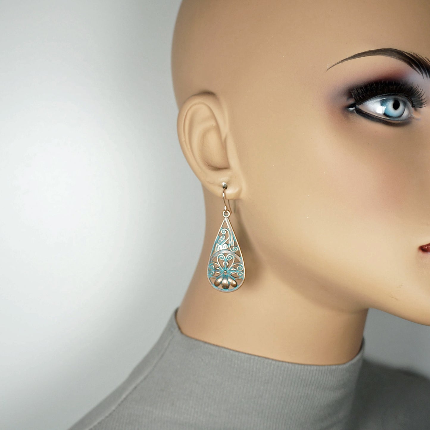 Copper Patina Flower Teardrop Earrings, Rose Gold Ear Wires