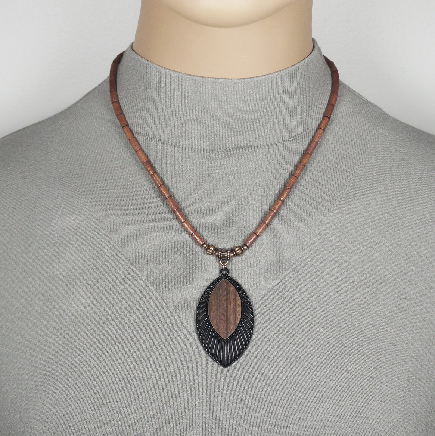 Black and Brown Pendant and Wood Beaded Boho Statement Necklace – Length Choices