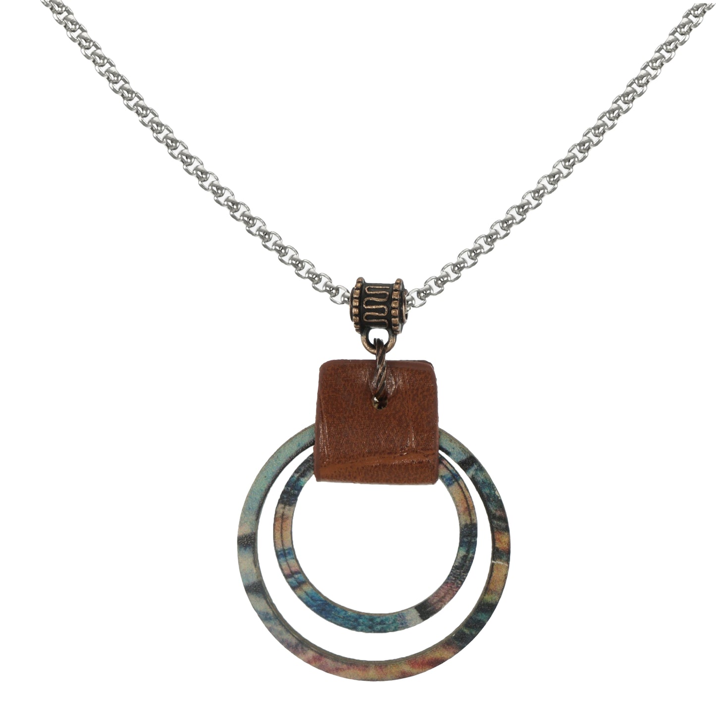 Beautiful Boho Multi Colored Blue Double Hoop Wood and Leather Statement Necklace and Earring Set – Gift for Her