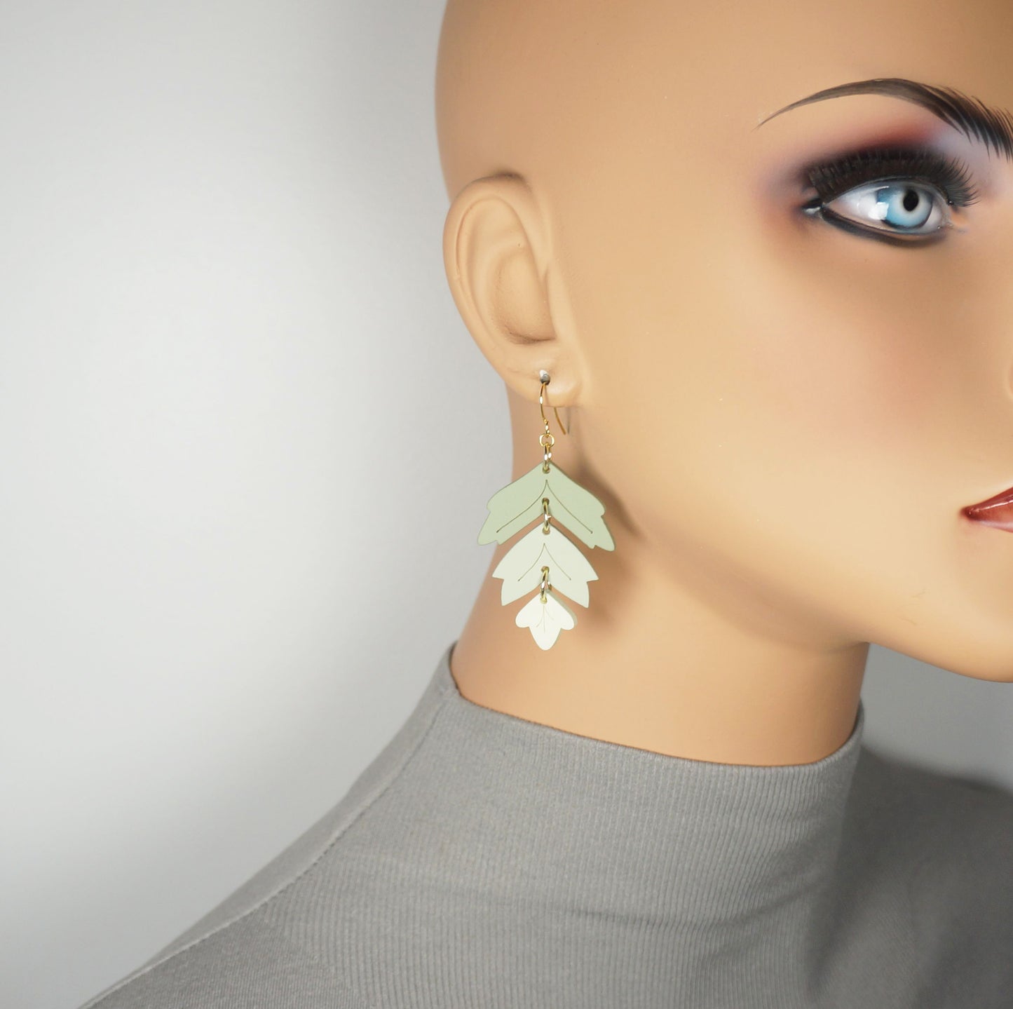 Beautiful Tri-Color Green Leaf Statement Earrings, 18K Gold Ear Wires