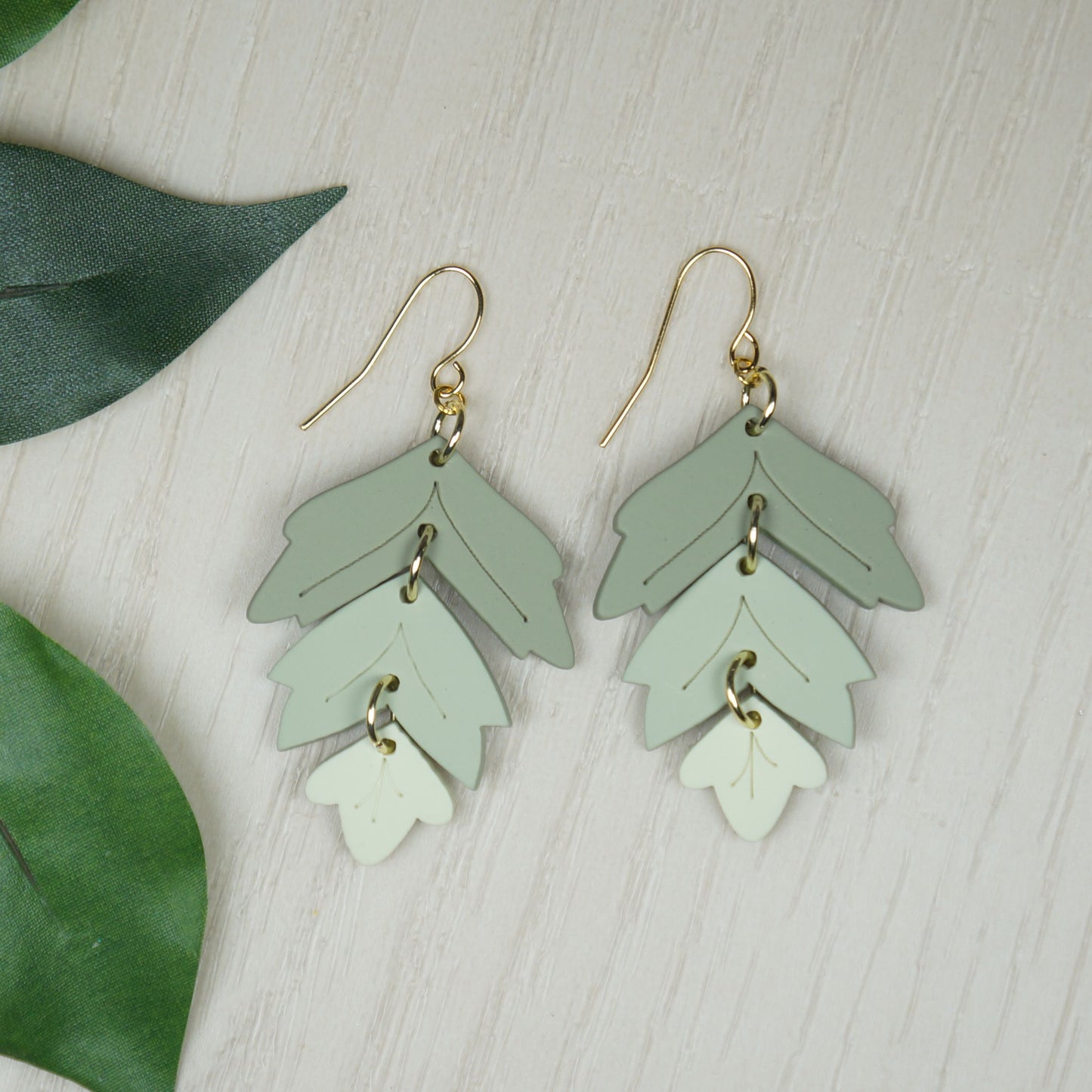 Beautiful Tri-Color Green Leaf Statement Earrings, 18K Gold Ear Wires