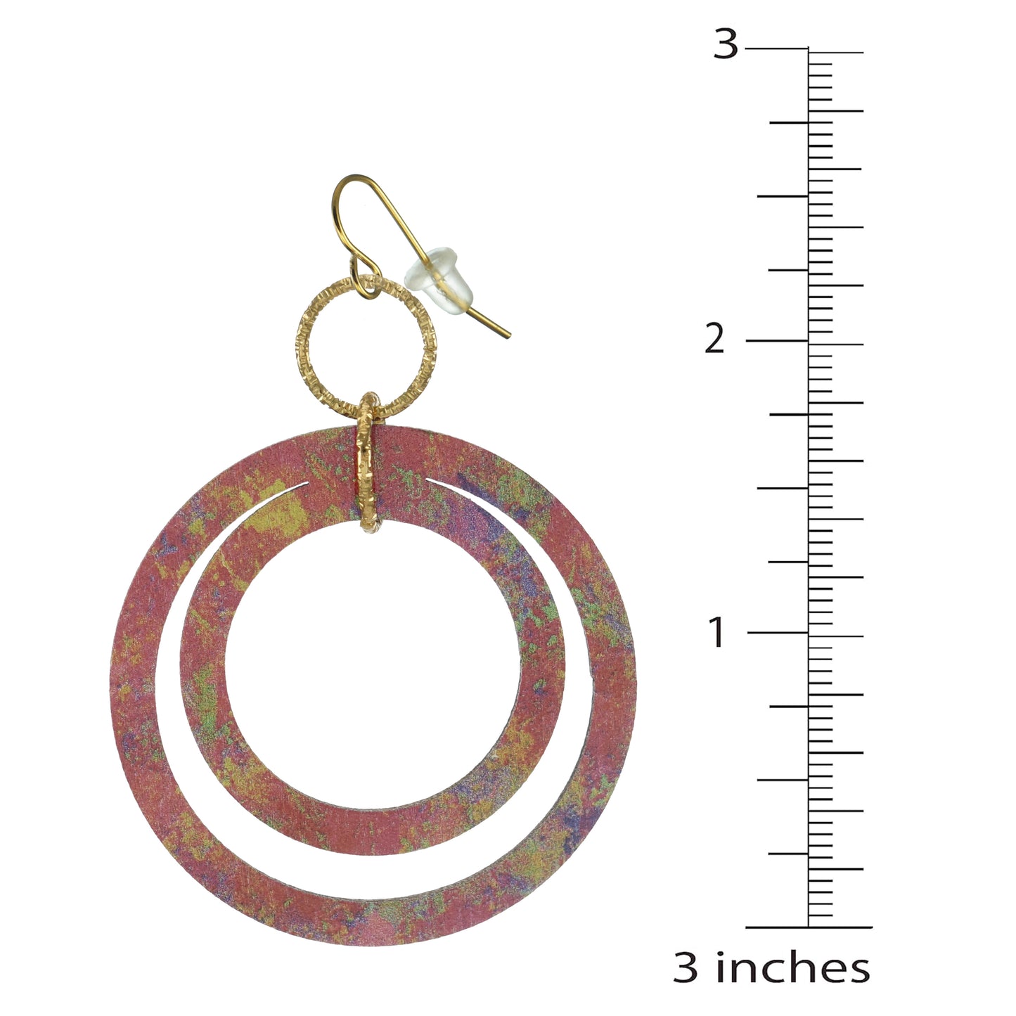 Multi Color Rainbow Red Double Wood Hoop and Gold Rings Boho Statement Dangle Earrings, 18kGold Ear Wires