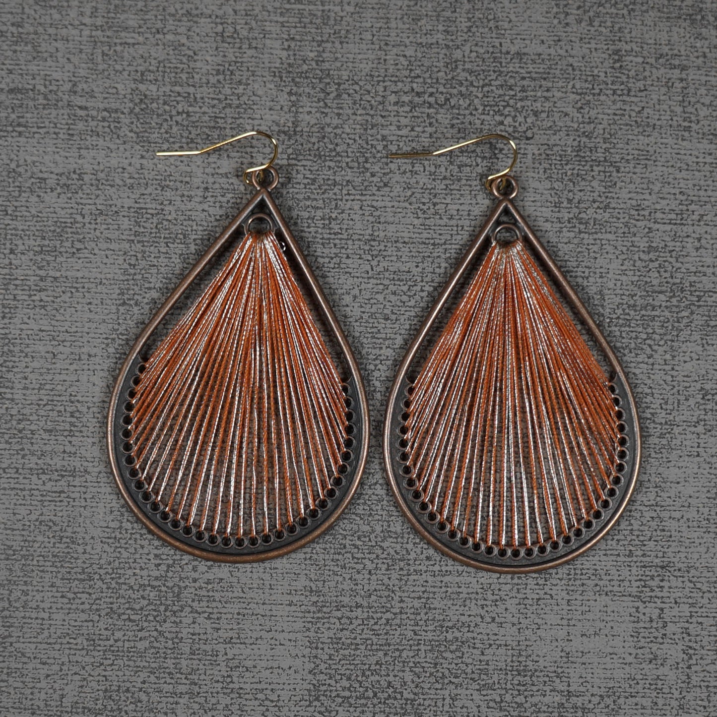 Large Boho Antique Copper Threaded Teardrop Statement Dangle Earrings, Color Choices, 18K Gold Ear Wires