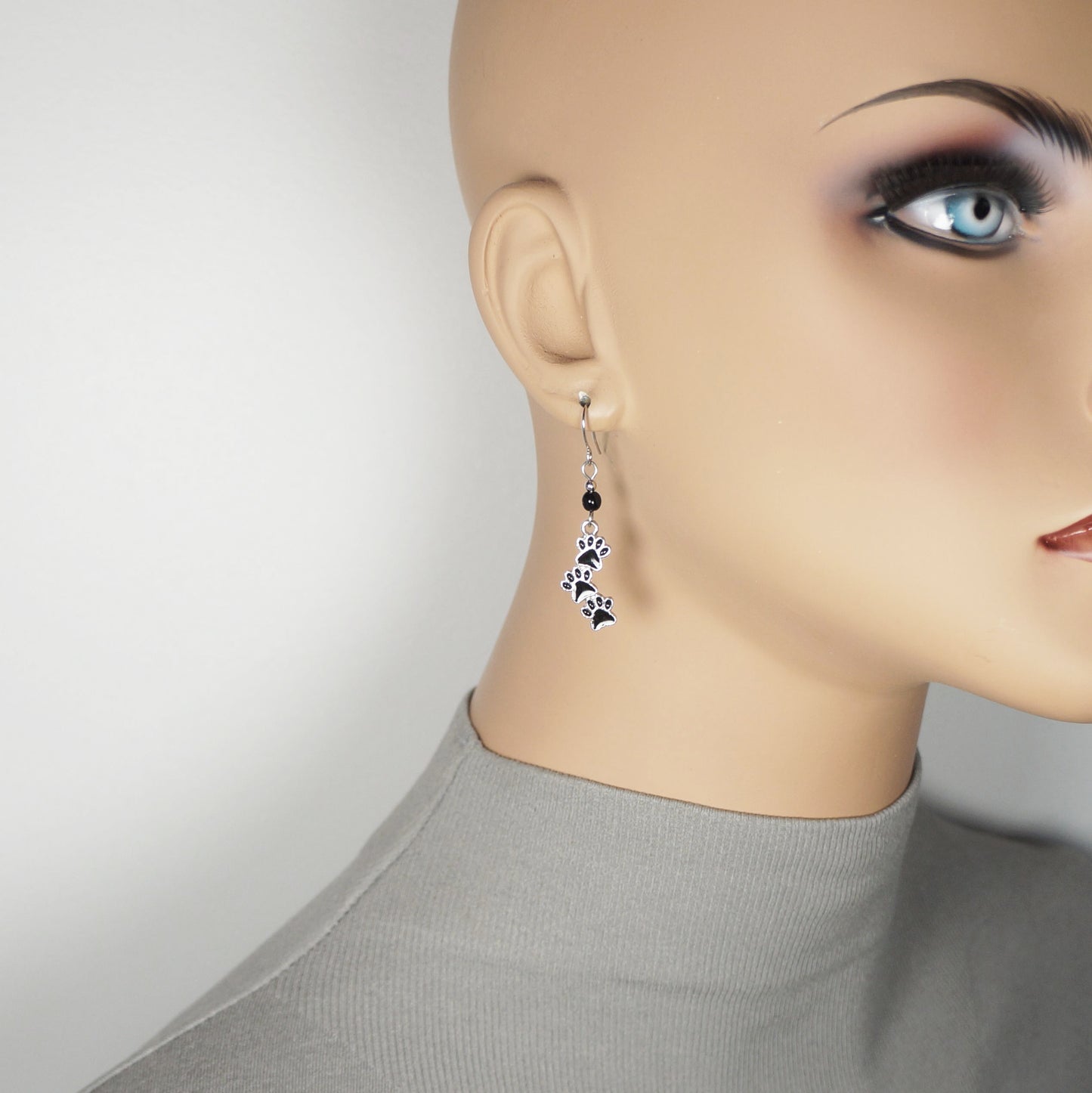 Dainty Dog or Cat Black Paw Print Dangle Beaded Earrings, Platinum Ear Wires