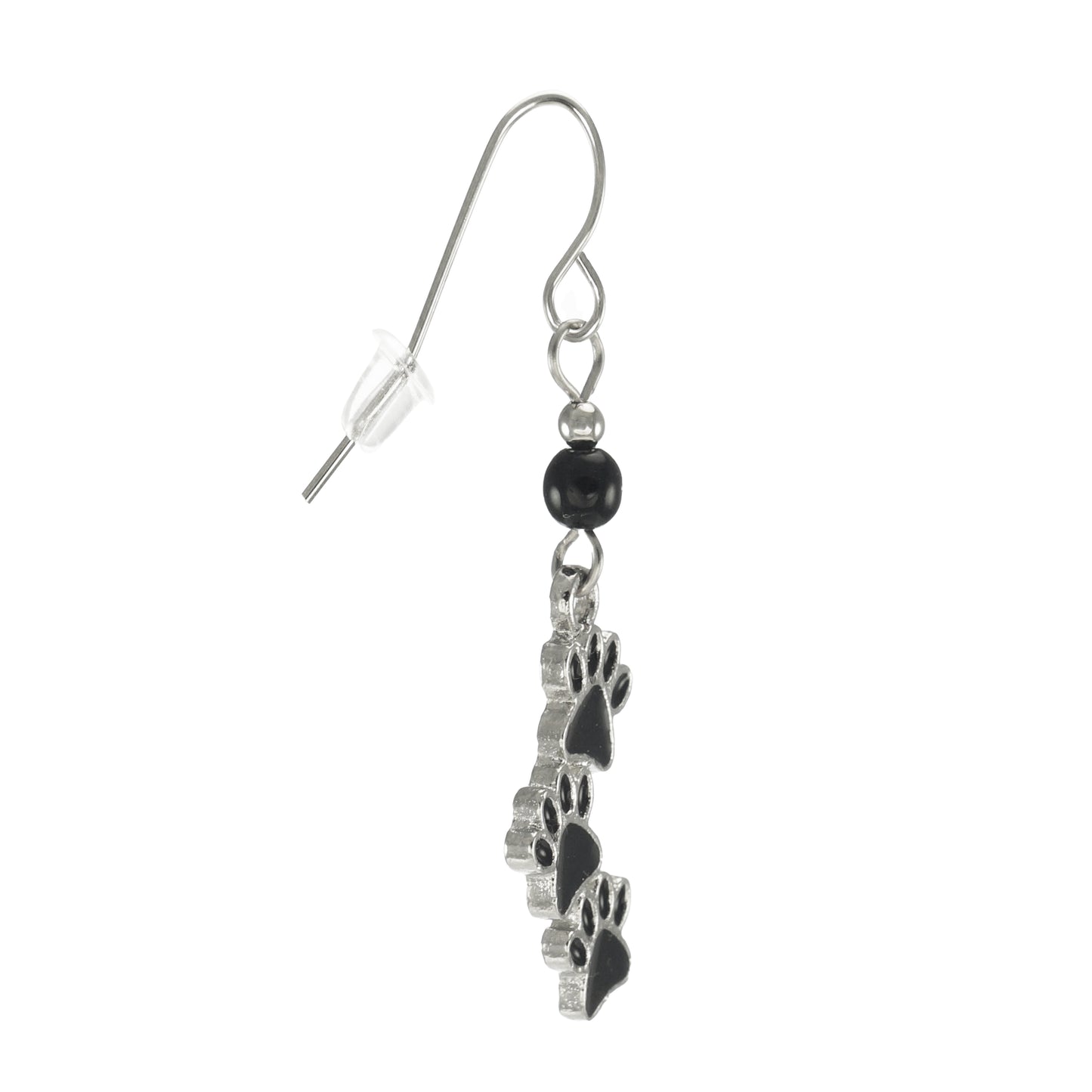 Dainty Dog or Cat Black Paw Print Dangle Beaded Earrings, Platinum Ear Wires