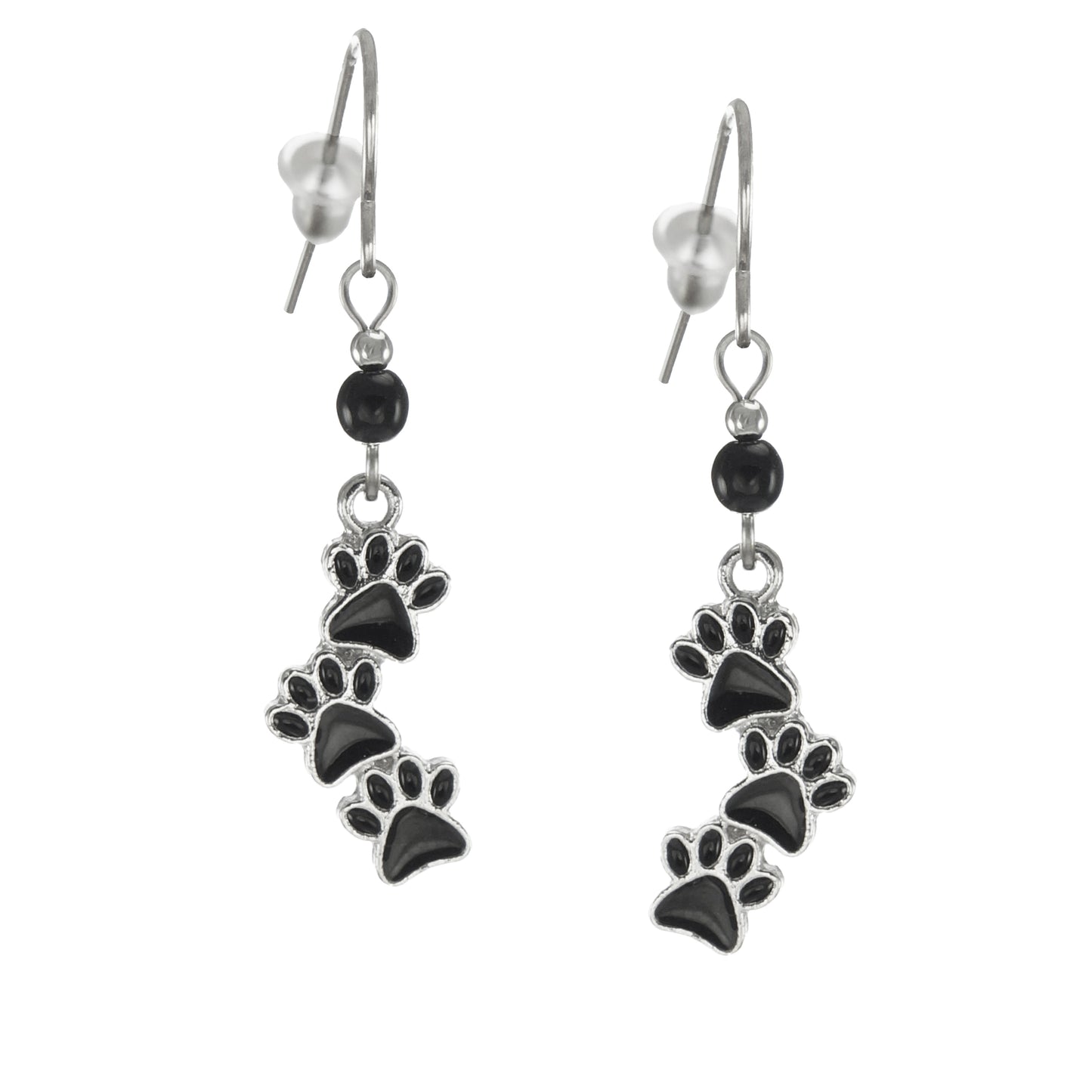 Dainty Dog or Cat Black Paw Print Dangle Beaded Earrings, Platinum Ear Wires
