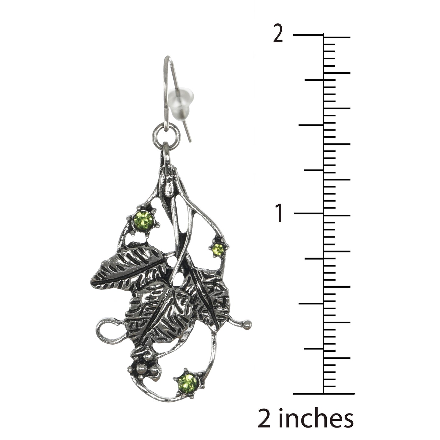 Abstract Antique Silver Leaves and Peridot Green Crystal Boho Dangle Statement Earring, Platinum Ear Wires