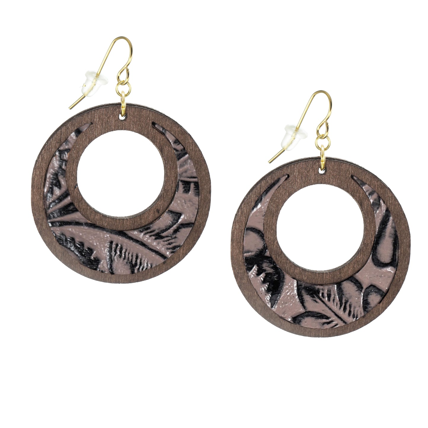 Brown Wood and Embossed Leather Vintage Donut Hoop Dangle Lightweight Boho Statement Earrings, Green or Mauve Pink, 18K Ear Wires