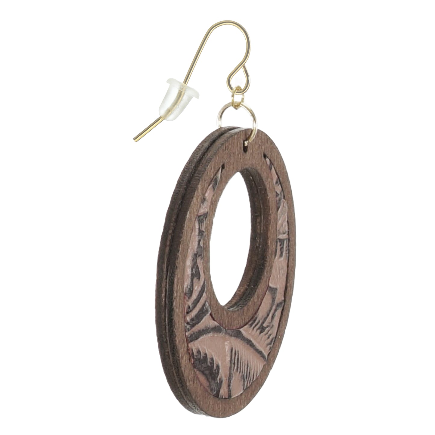 Brown Wood and Embossed Leather Vintage Donut Hoop Dangle Lightweight Boho Statement Earrings, Green or Mauve Pink, 18K Ear Wires