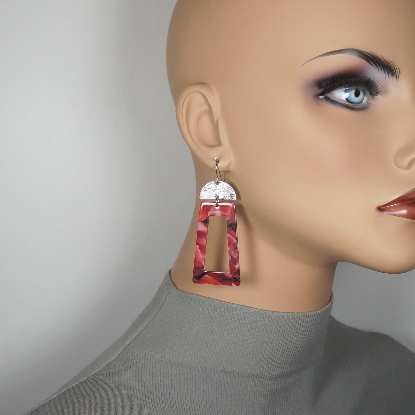 Vibrant Confetti Rectangle & Brushed Half Moon Boho Statement Earrings, Platinum Wires, Color Choice