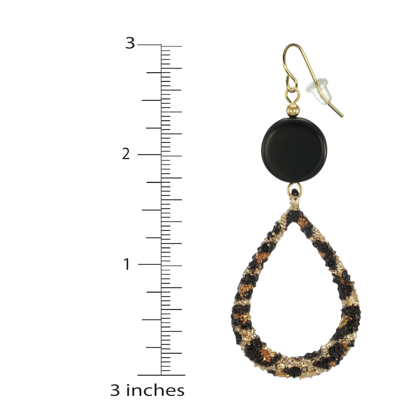 Beautiful Black Glass Coin Bead and Gold Leopard Print Teardrop Statement Earrings, Hypoallergenic 18K Gold Ear Wires