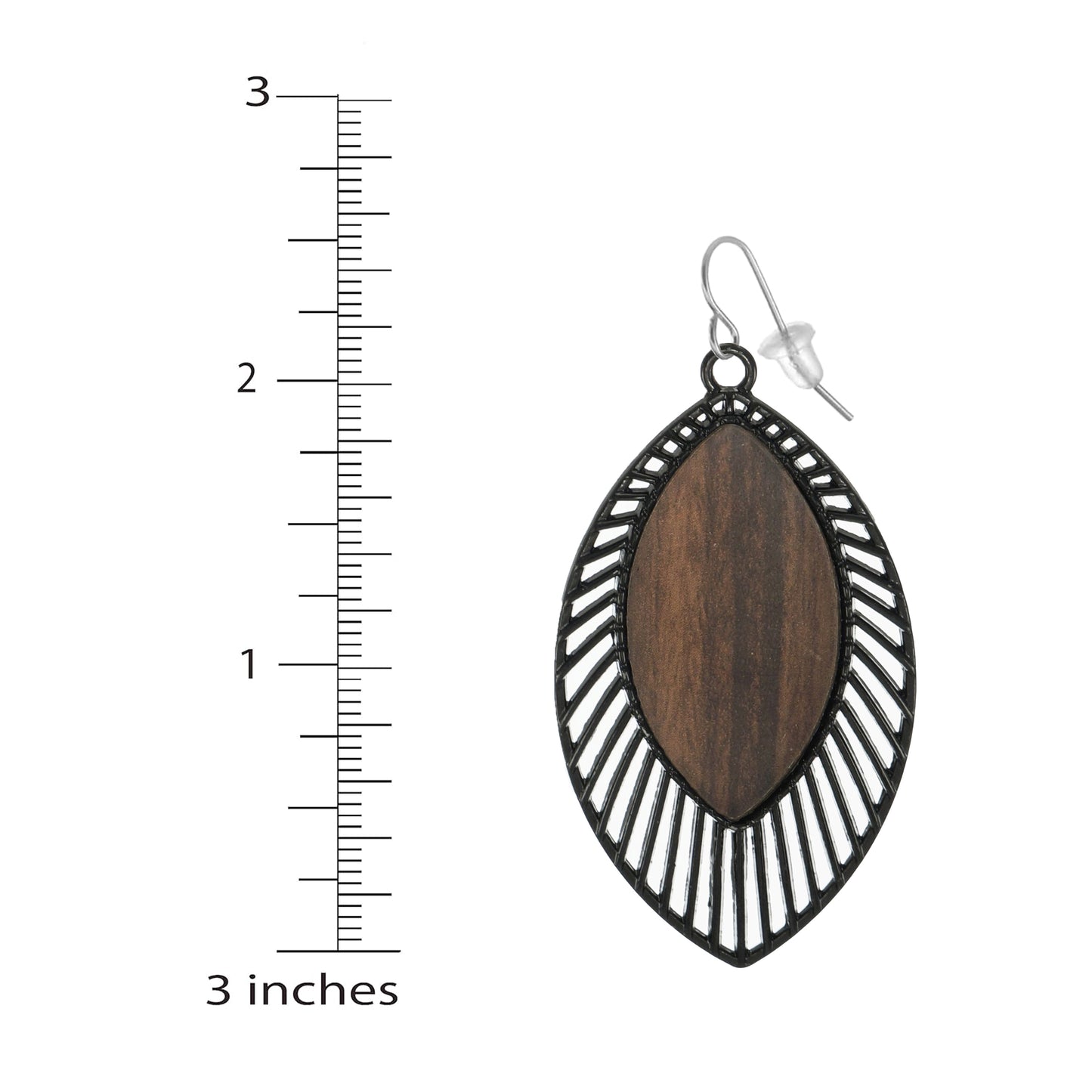Beautiful Black Metal and Wood Diamond Shaped Boho Statement Dangle Earrings, Platinum Ear Wires