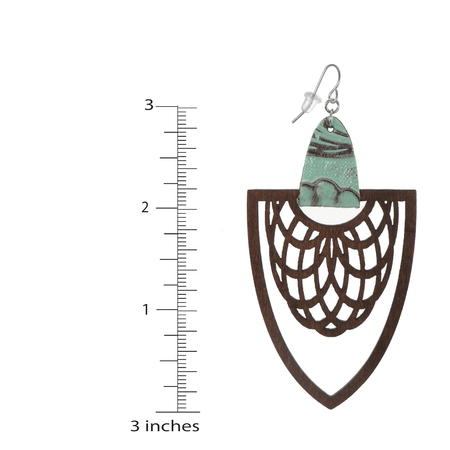 Large Brown Laser Cut Lace Walnut Wood and Green Leather Lightweight Boho Statement Earring, 18K Gold Ear Wires