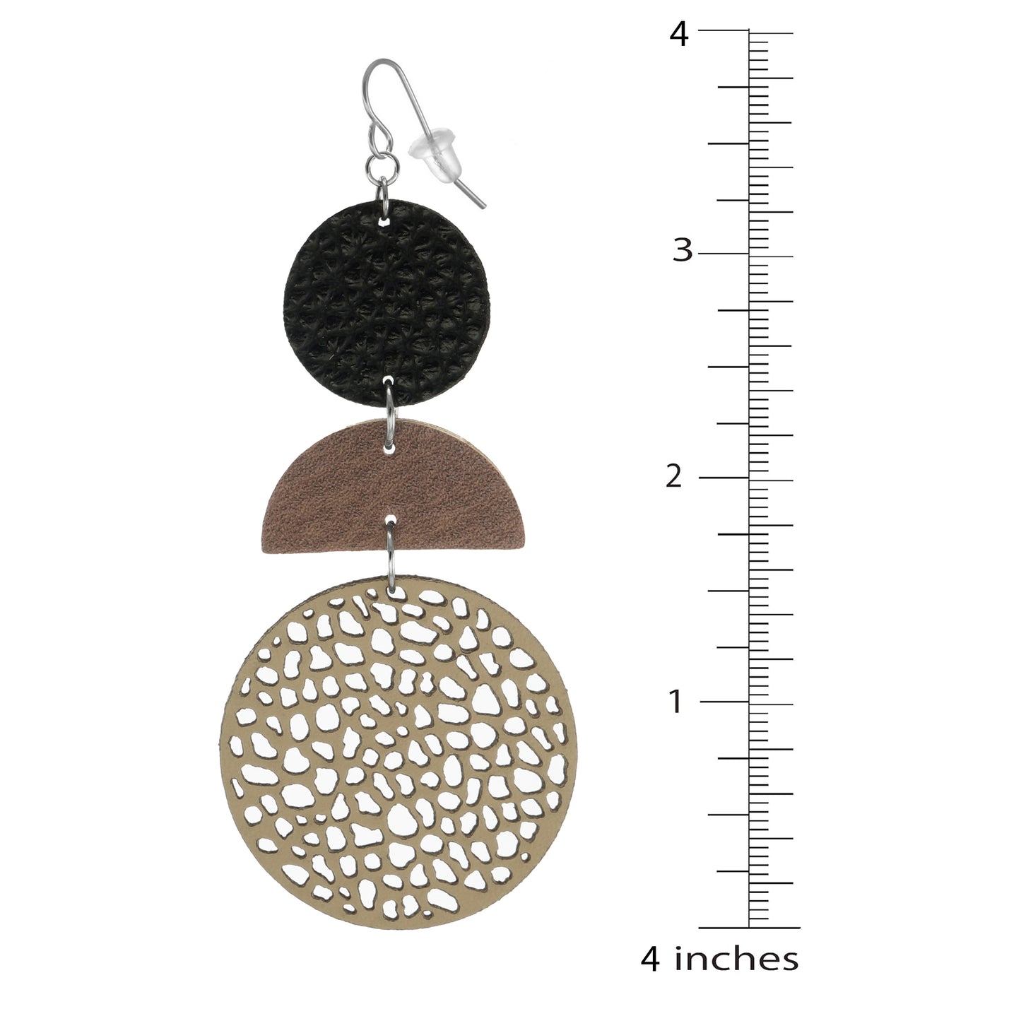 Large Vegan Leather Abstract Boho Lightweight Tan and Black Ethnic Statement Earrings – Nickel Free Platinum Ear Wires