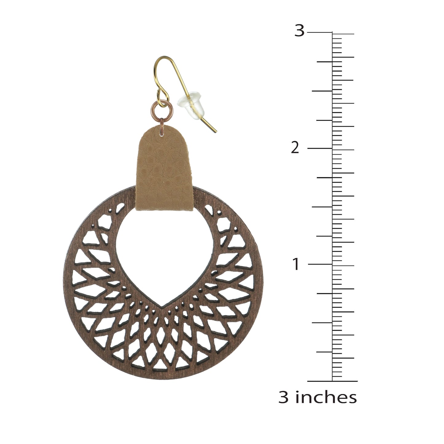 Beautiful Brown Hoop Wood and Vegan Leather Boho Statement Dangle Earrings, 18K Gold Ear Wires