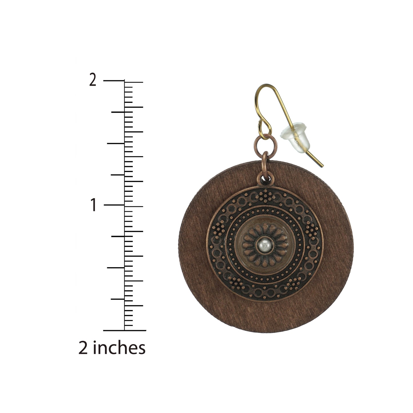 Rustic Boho Vintage Style Round Wood and Copper Medallion Statement Earrings – Hypoallergenic 18K Gold Ear Wires