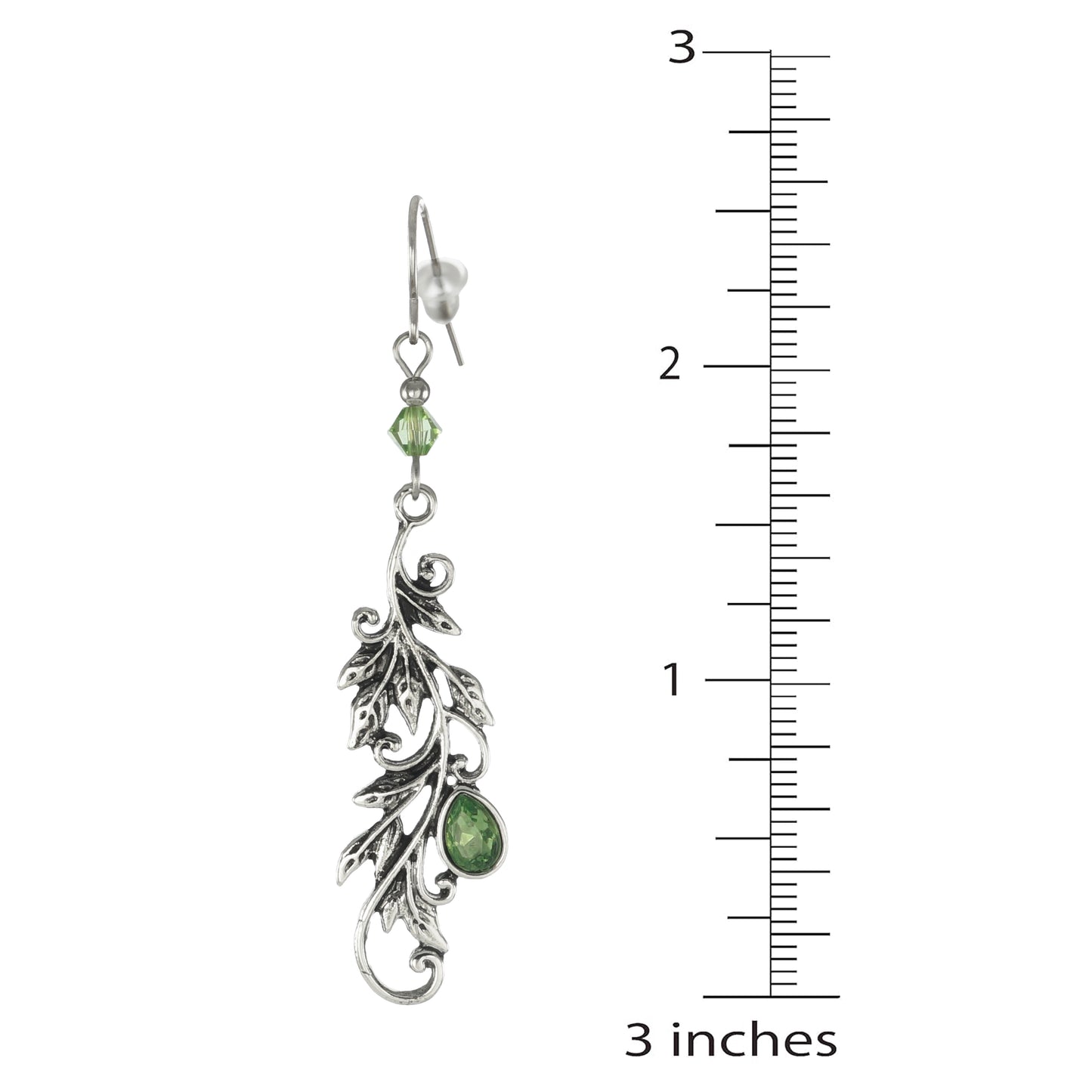Vintage Antique Silver Leaves and Vines Peridot Green Crystal Art Deco Boho Dangle Earring, Platinum Ear Wires
